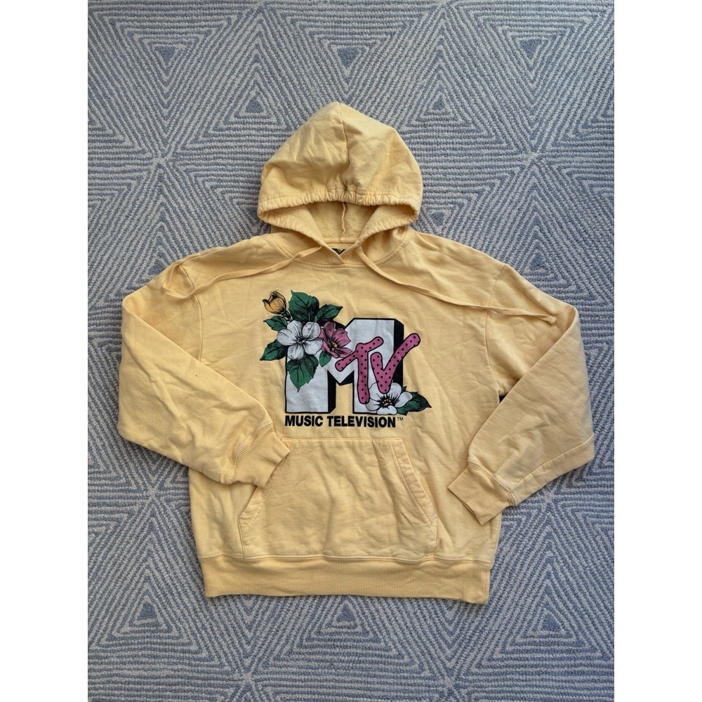 Women's MTV Logo Floral Hibiscus Hooded‎ Sweatshirt - Yellow - Medium